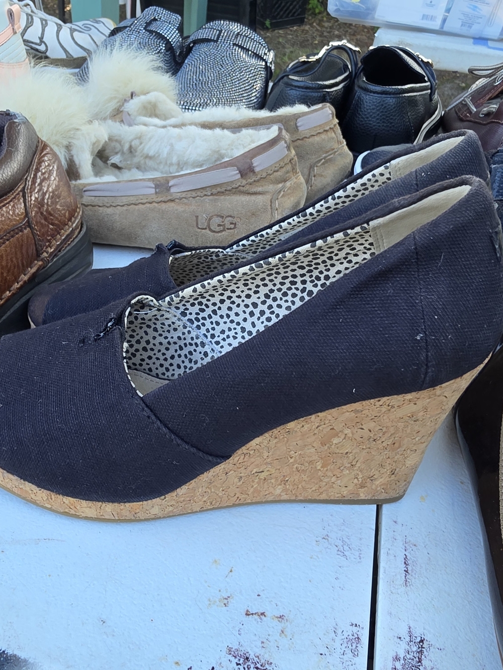 Toms Black Canvas Cork Wedge Pumps
